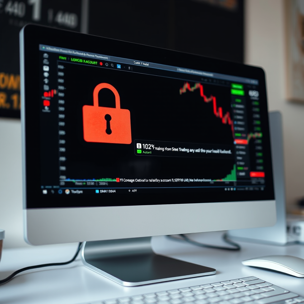 Экран компьютера с заблокированным торговым счетом и сообщением об ошибке, символизирующий момент осознания мошенничества