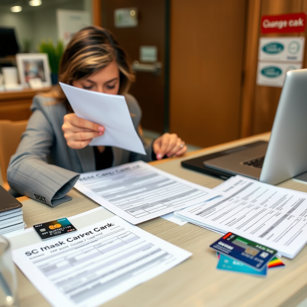 Банковский специалист обрабатывает заявление на chargeback, на столе документы и банковские карты, процесс возврата средств через банк