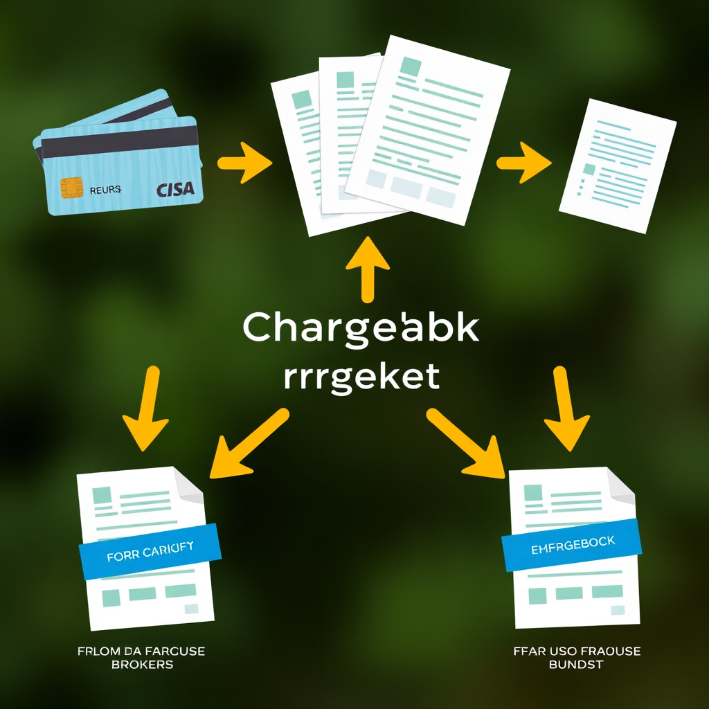 Схема процесса chargeback с банковскими картами, документами и стрелками показывающими возврат средств от мошеннических брокеров